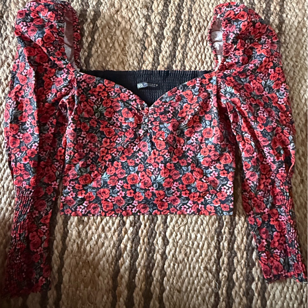 Zara Black Top with Red and Pink Floral Pattern